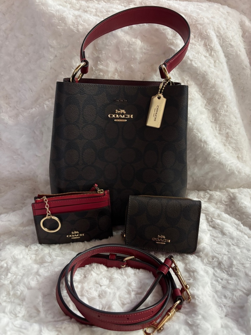 Coach Brown Signature Bucket Bag w/ Red Strap, Card case & Snap wallet Bundle!